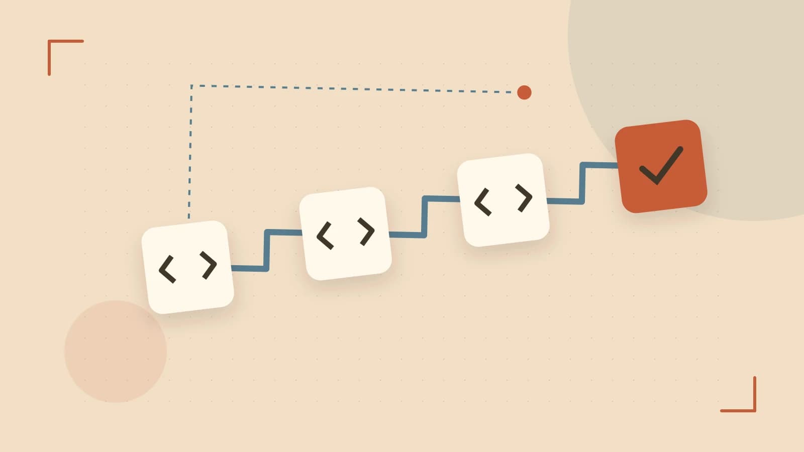 Editorial illustration of a branching build pipeline, staged transformations and a completed check
