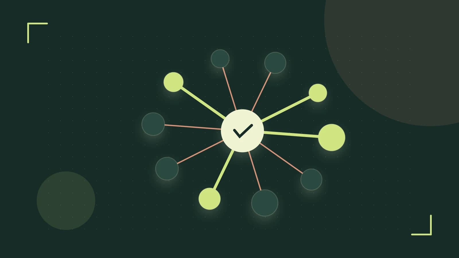 Editorial illustration of an algorithmic node graph with branching paths and a highlighted result