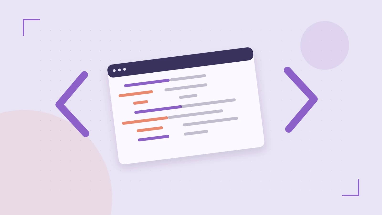 Editorial illustration of an abstract code editor, syntax blocks and oversized programming brackets