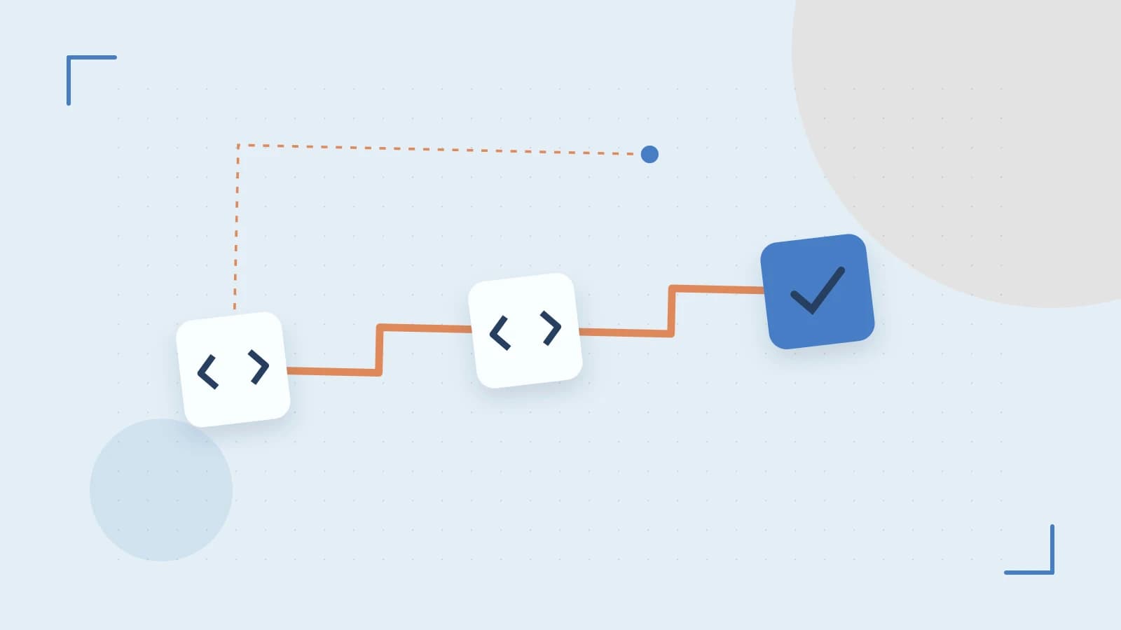 Editorial illustration of a branching build pipeline, staged transformations and a completed check