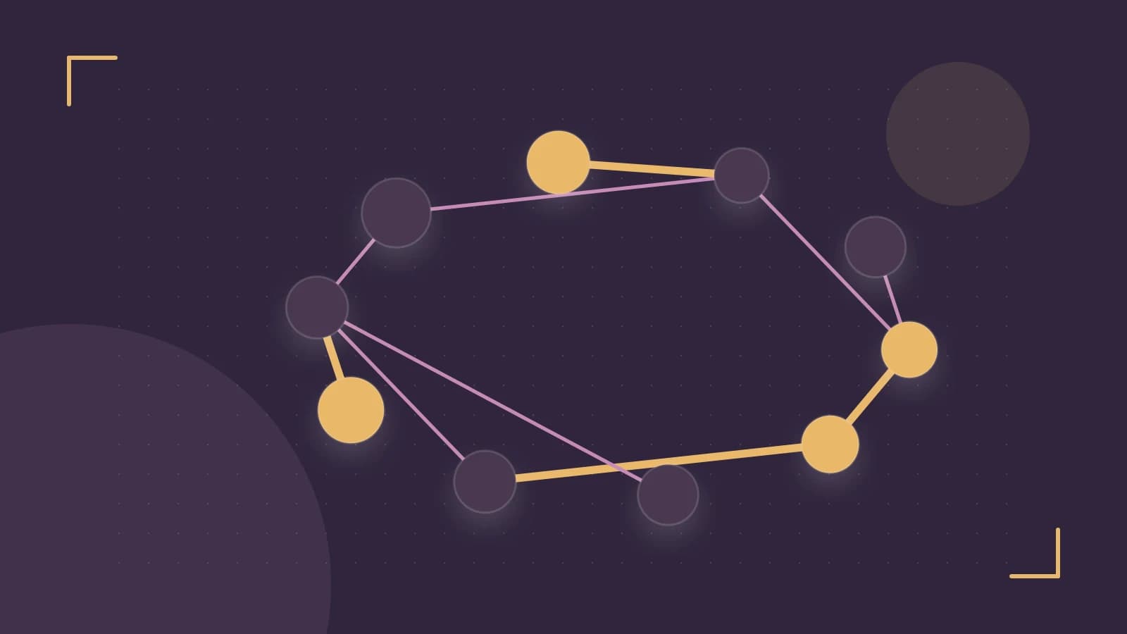 Editorial illustration of an algorithmic node graph with branching paths and a highlighted result