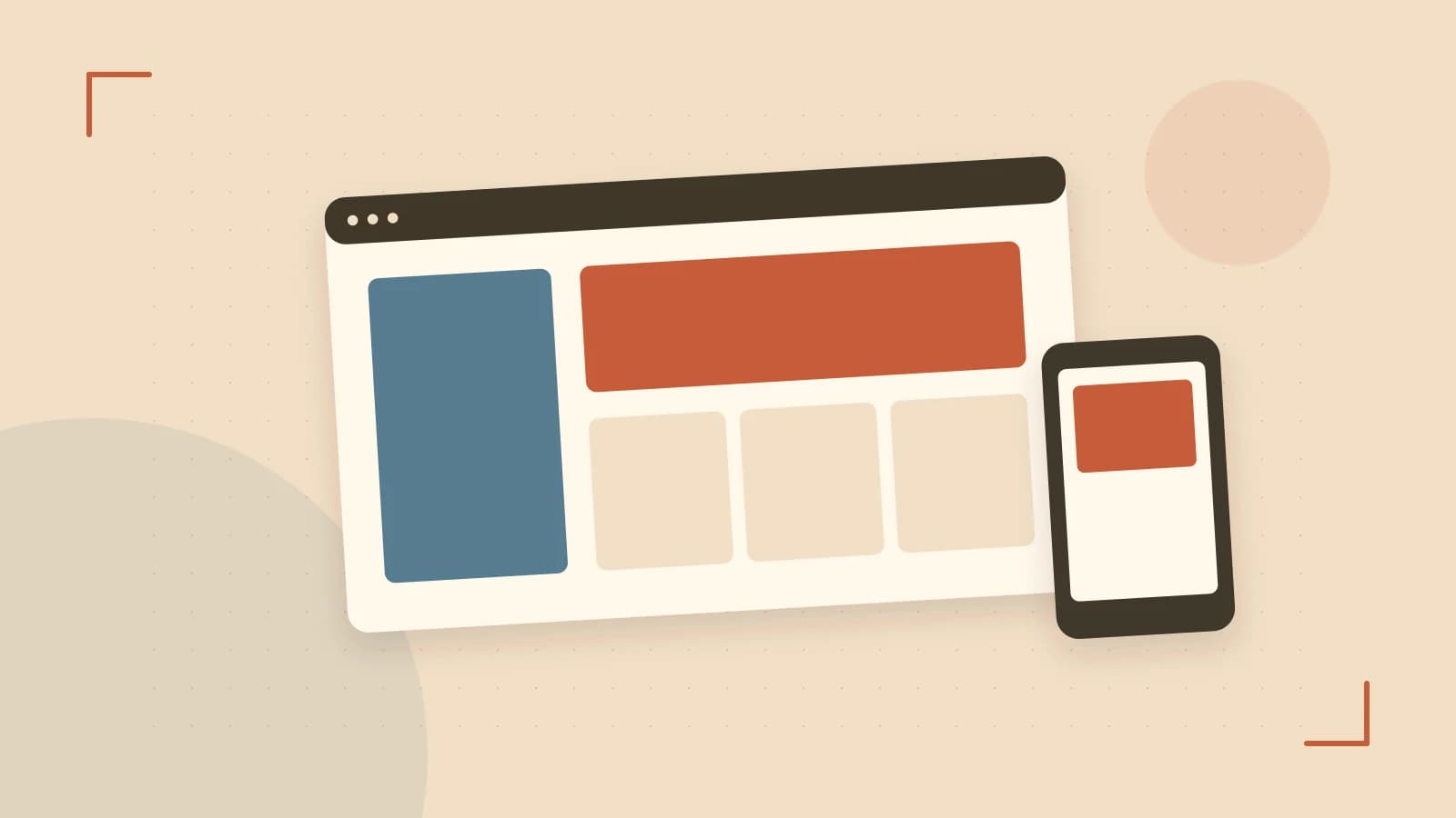 Editorial illustration of responsive browser layouts, overlapping design components and a color system