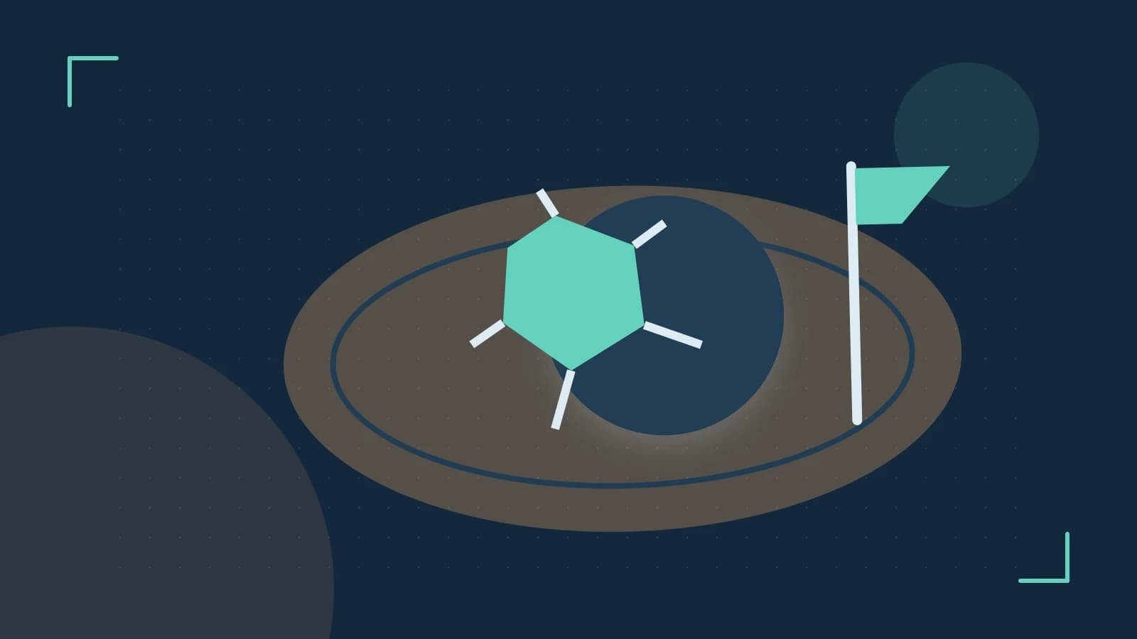 Editorial illustration of a stylized sports ball, stadium geometry and dynamic arcs