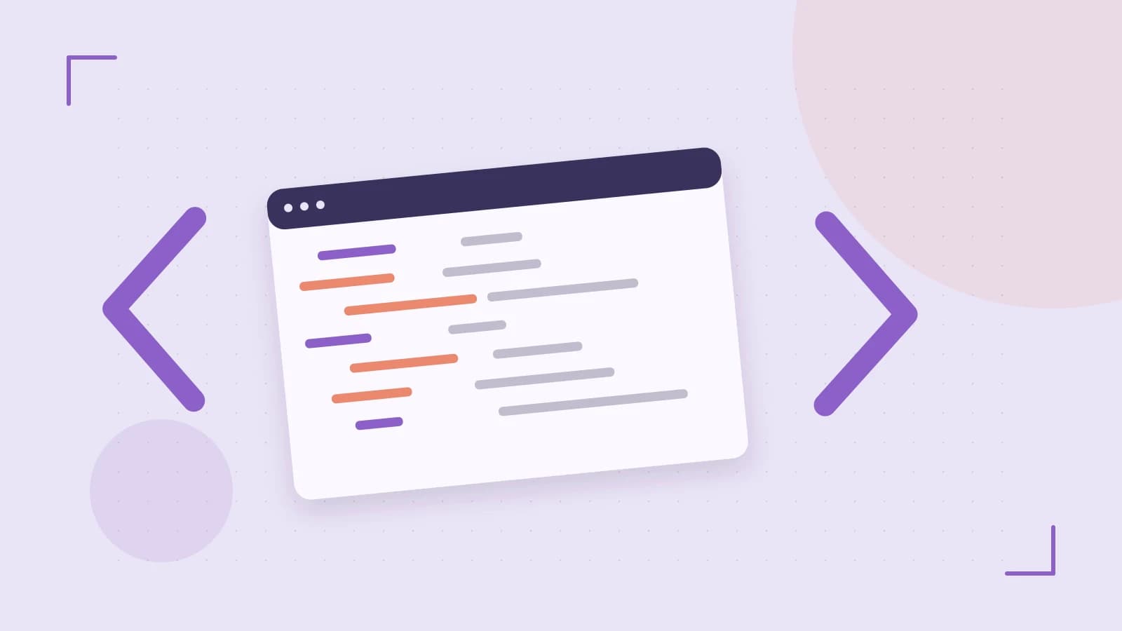 Editorial illustration of an abstract code editor, syntax blocks and oversized programming brackets