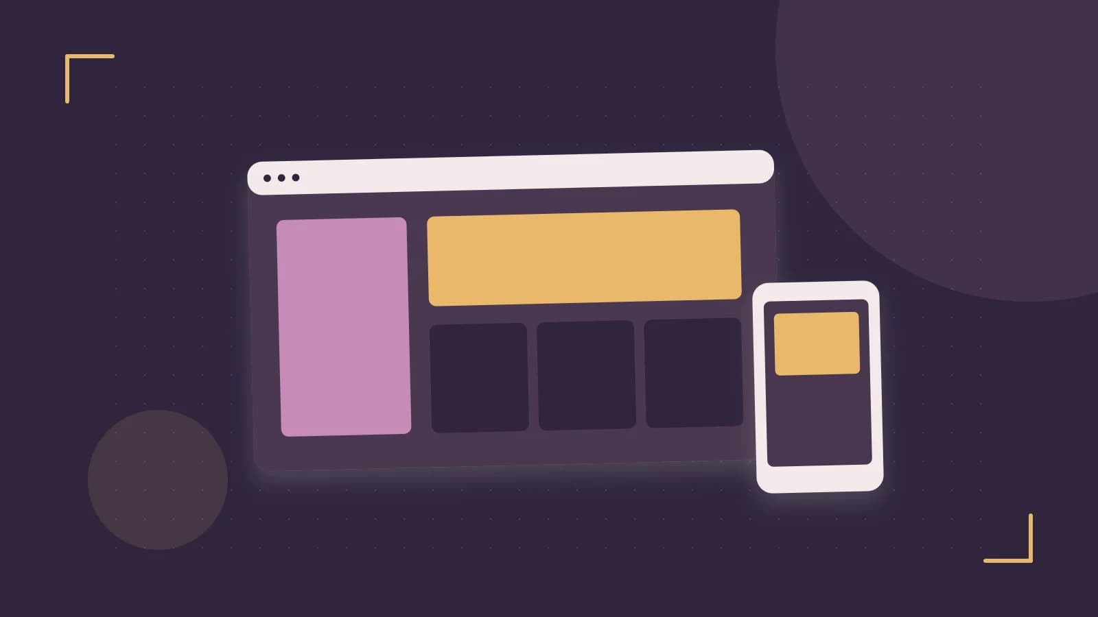 Editorial illustration of responsive browser layouts, overlapping design components and a color system