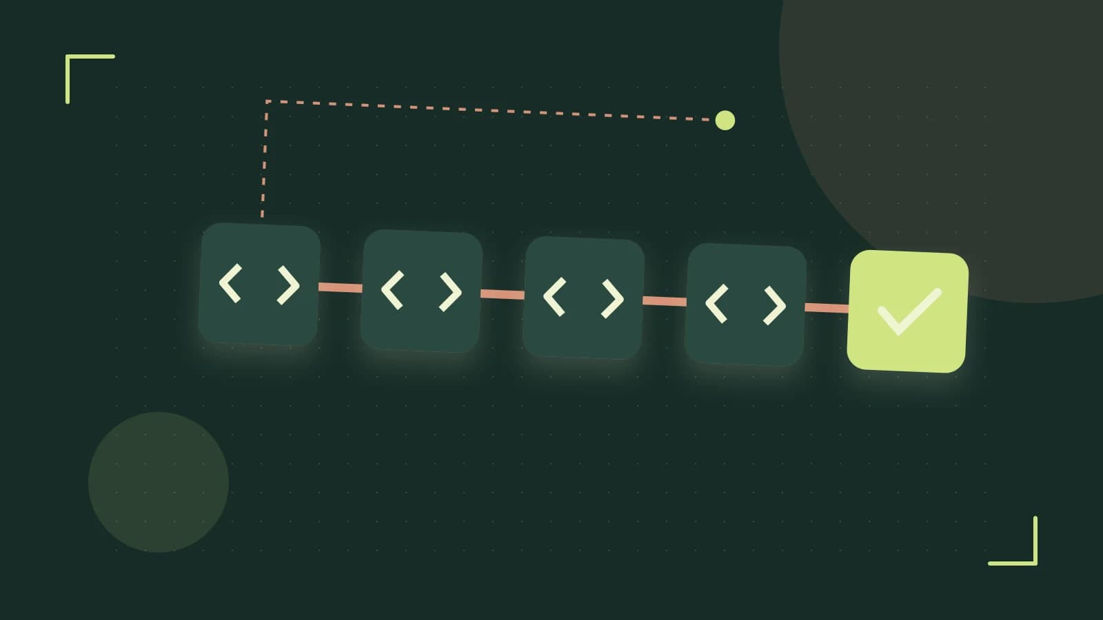 Editorial illustration of a branching build pipeline, staged transformations and a completed check