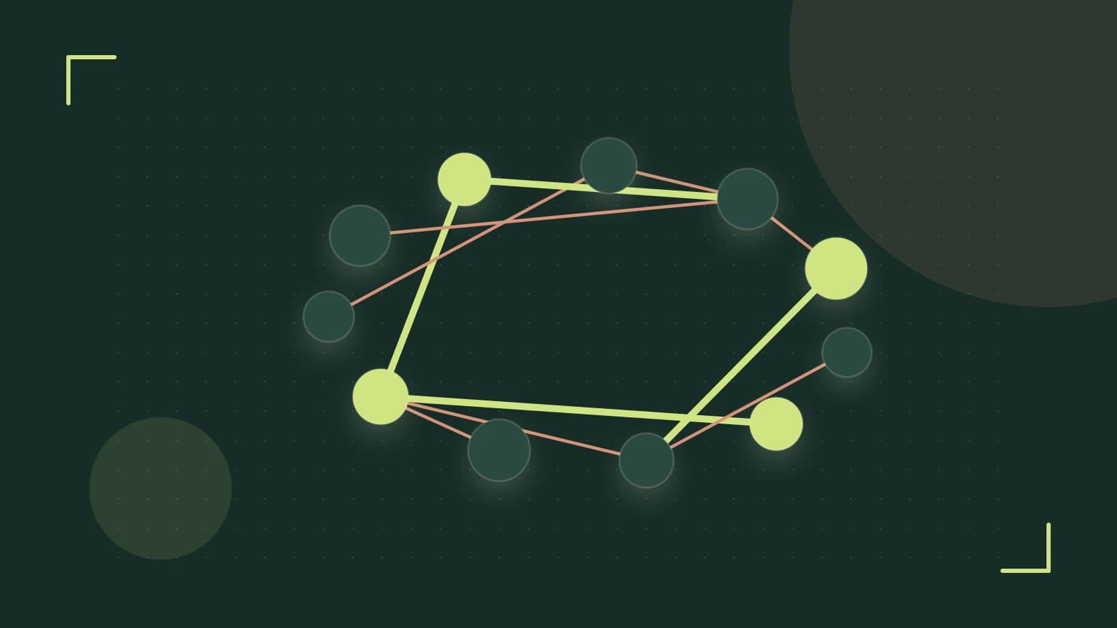 Editorial illustration of an algorithmic node graph with branching paths and a highlighted result