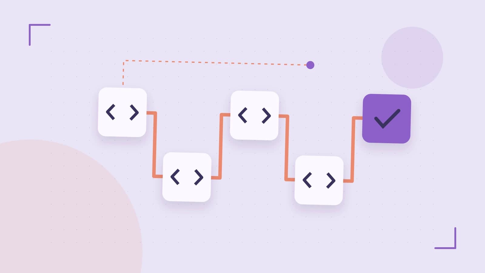 Editorial illustration of a branching build pipeline, staged transformations and a completed check