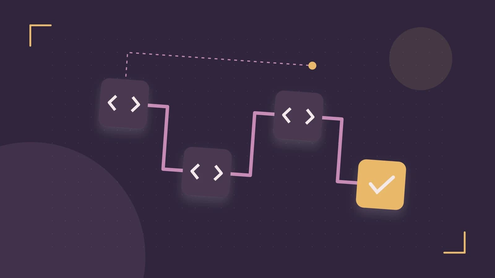 Editorial illustration of a branching build pipeline, staged transformations and a completed check
