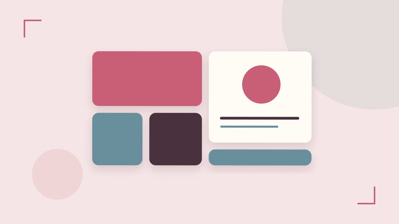 Editorial illustration of responsive browser layouts, overlapping design components and a color system