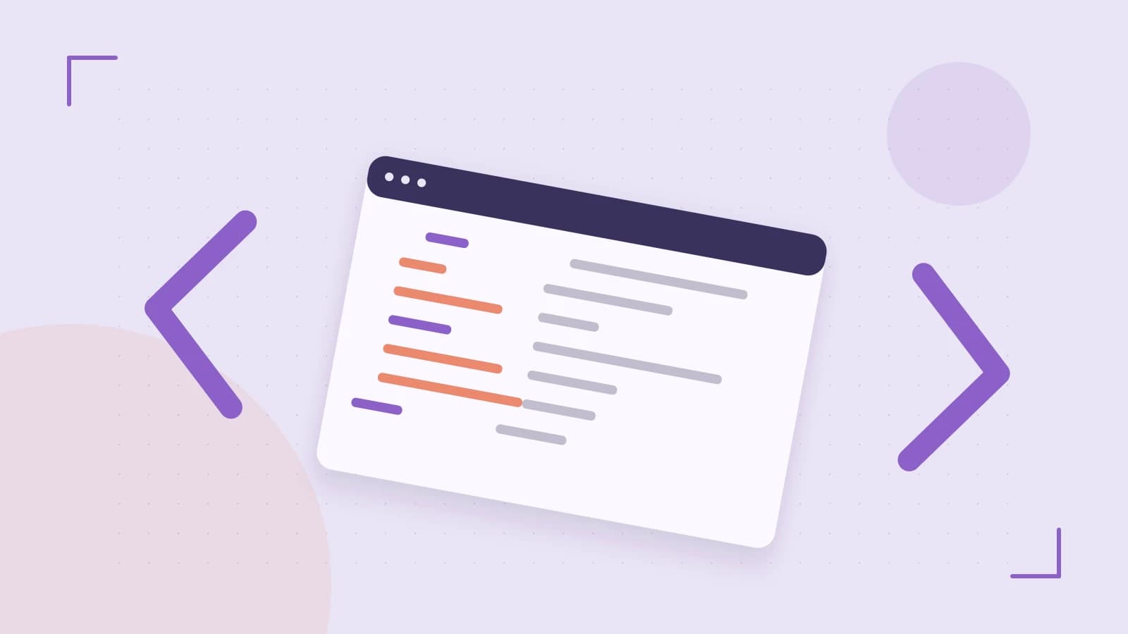 Editorial illustration of an abstract code editor, syntax blocks and oversized programming brackets