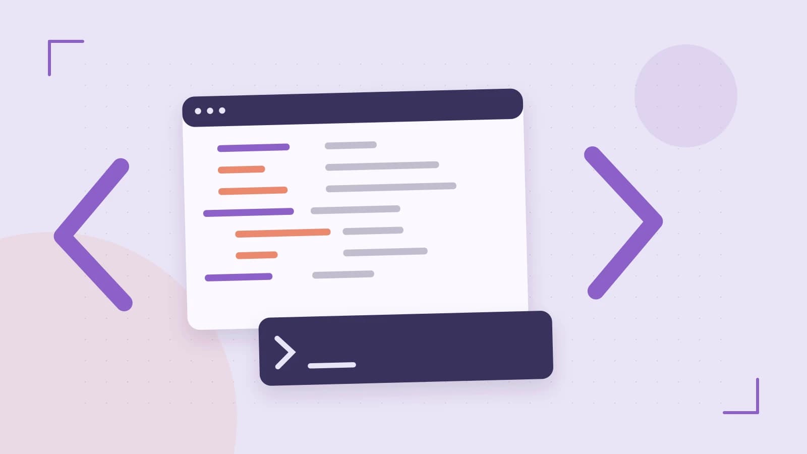 Editorial illustration of an abstract code editor, syntax blocks and oversized programming brackets