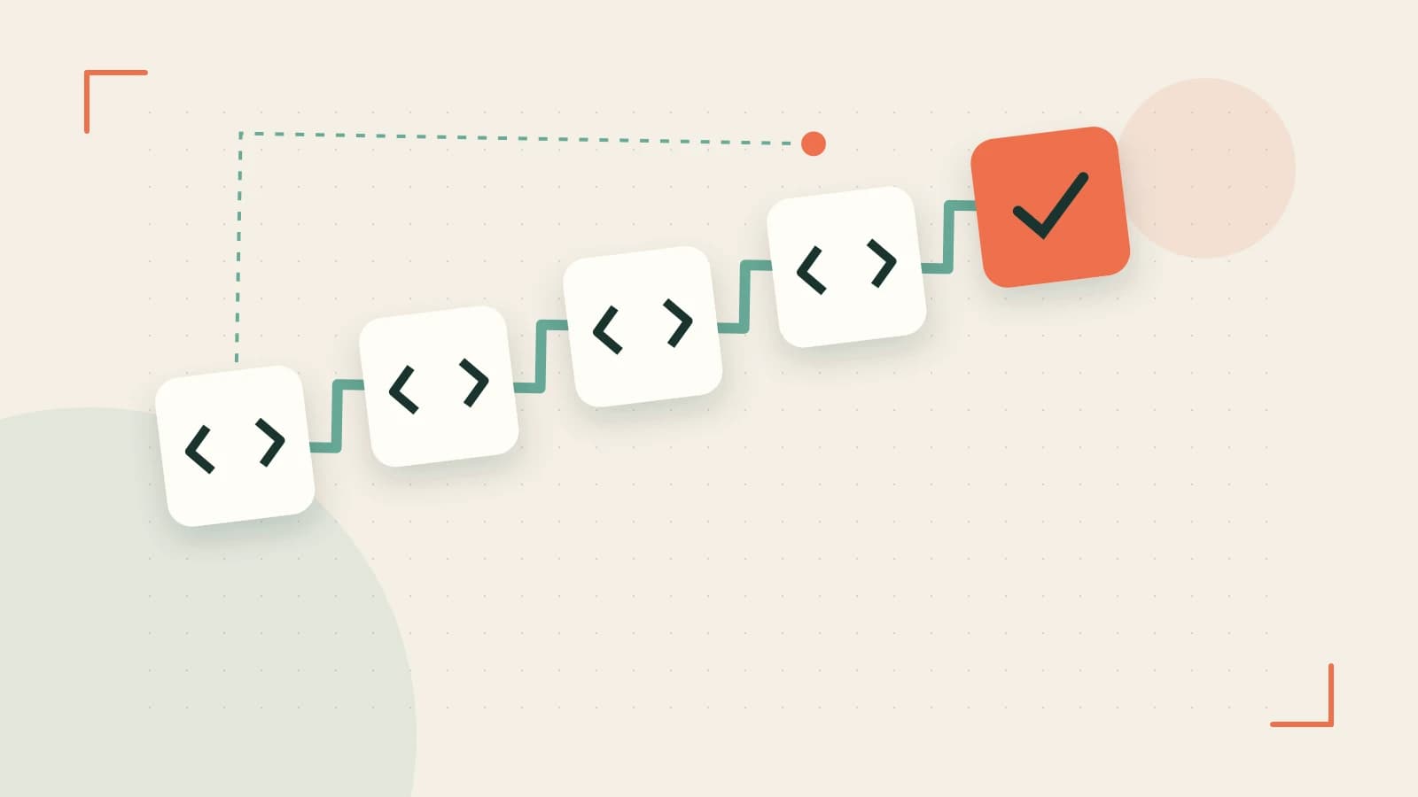 Editorial illustration of a branching build pipeline, staged transformations and a completed check