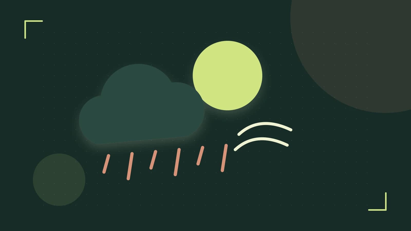 Editorial illustration of a sun, layered clouds, raindrops and flowing weather patterns