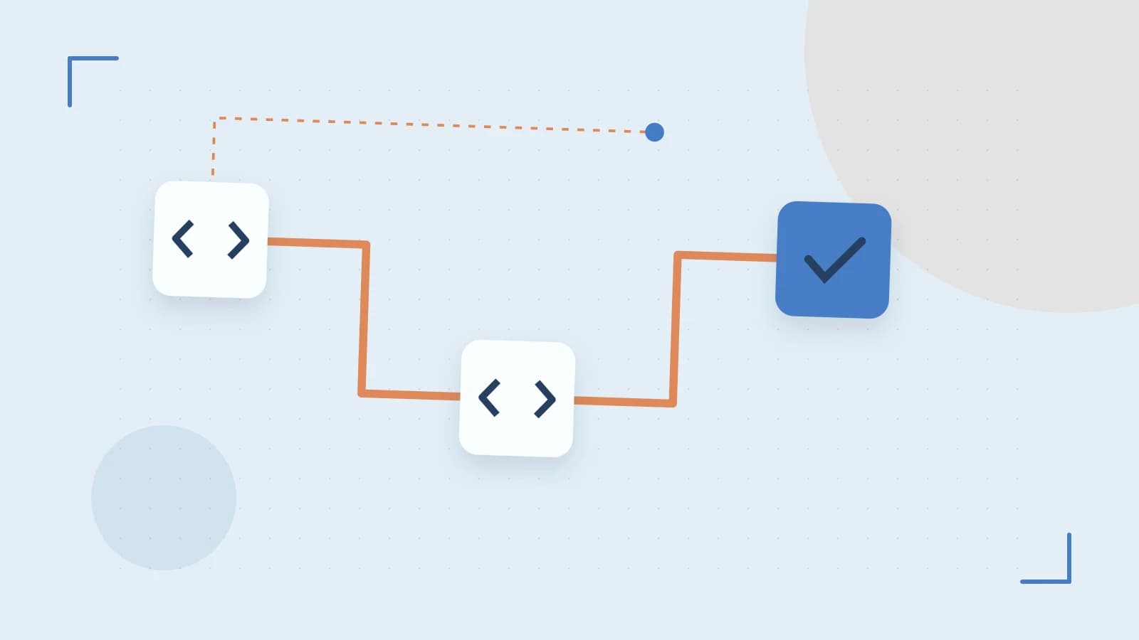 Editorial illustration of a branching build pipeline, staged transformations and a completed check