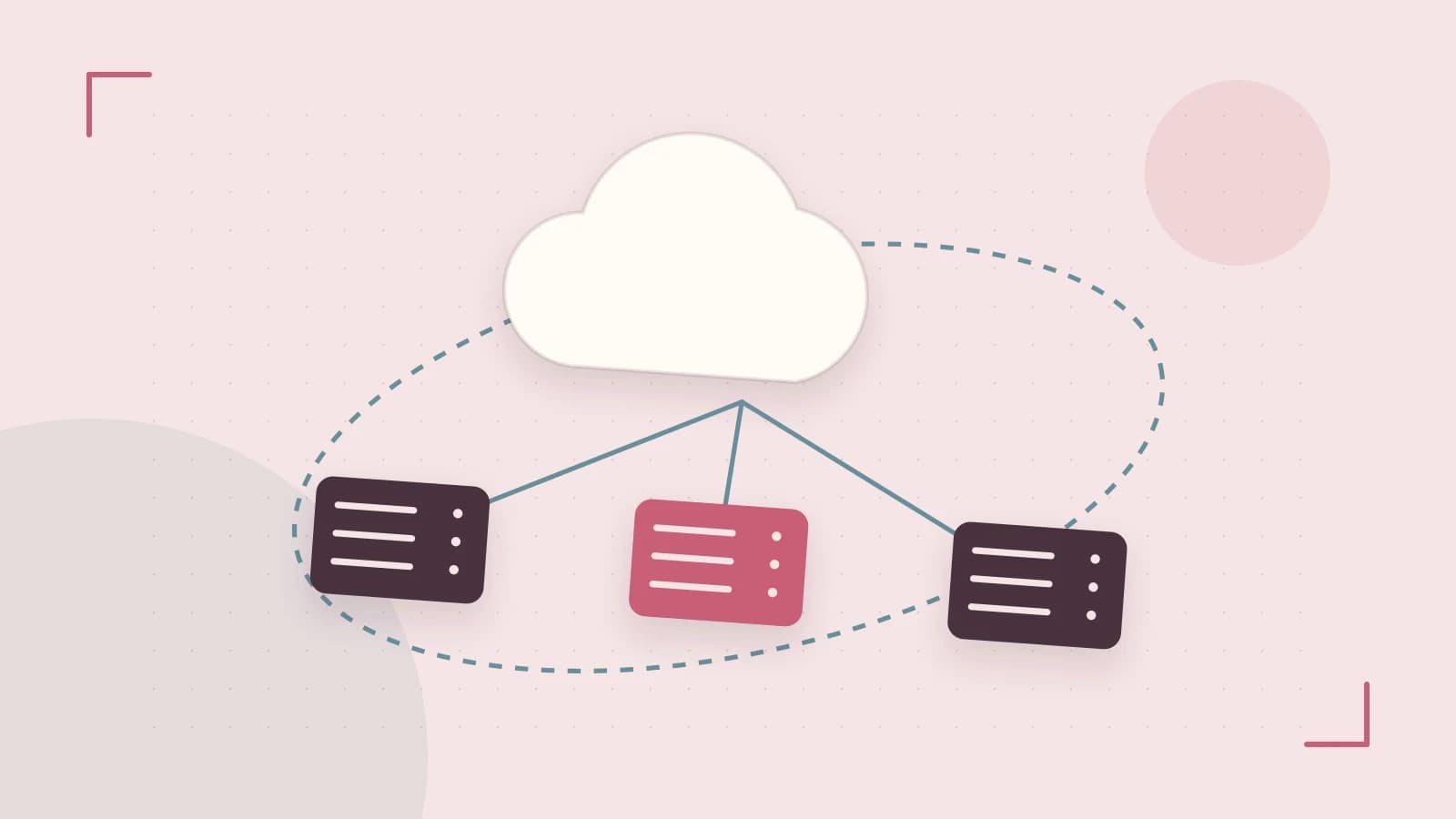 Editorial illustration of cloud infrastructure, connected server racks and an orbital service map