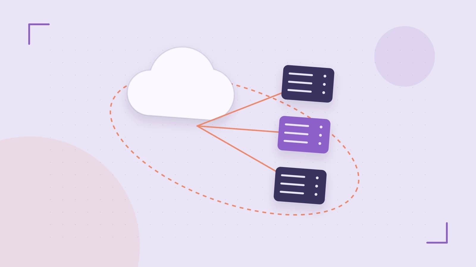 Editorial illustration of cloud infrastructure, connected server racks and an orbital service map