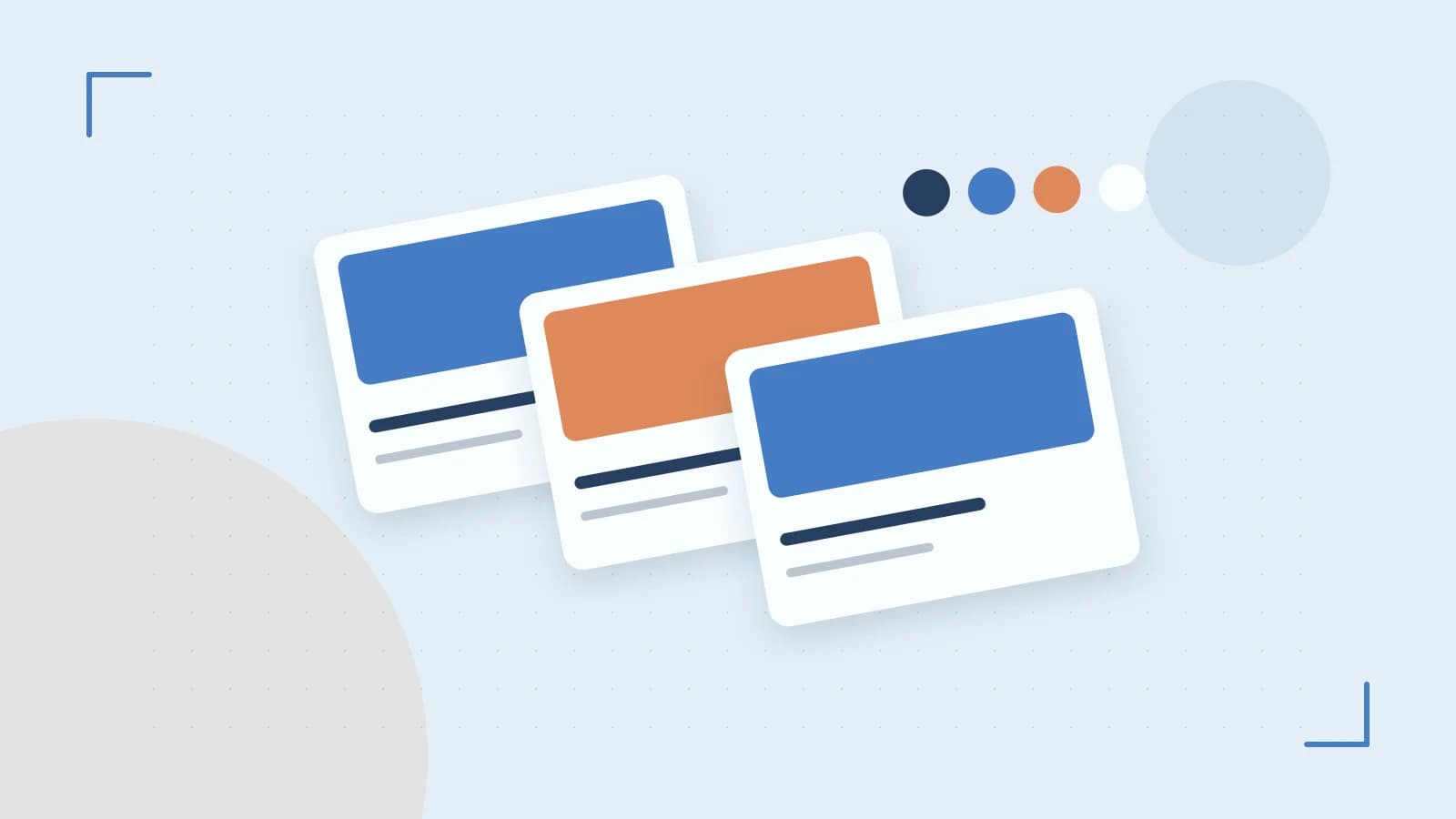 Editorial illustration of responsive browser layouts, overlapping design components and a color system