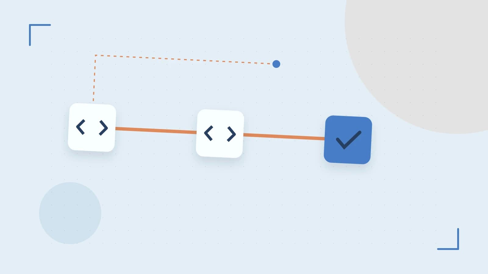 Editorial illustration of a branching build pipeline, staged transformations and a completed check