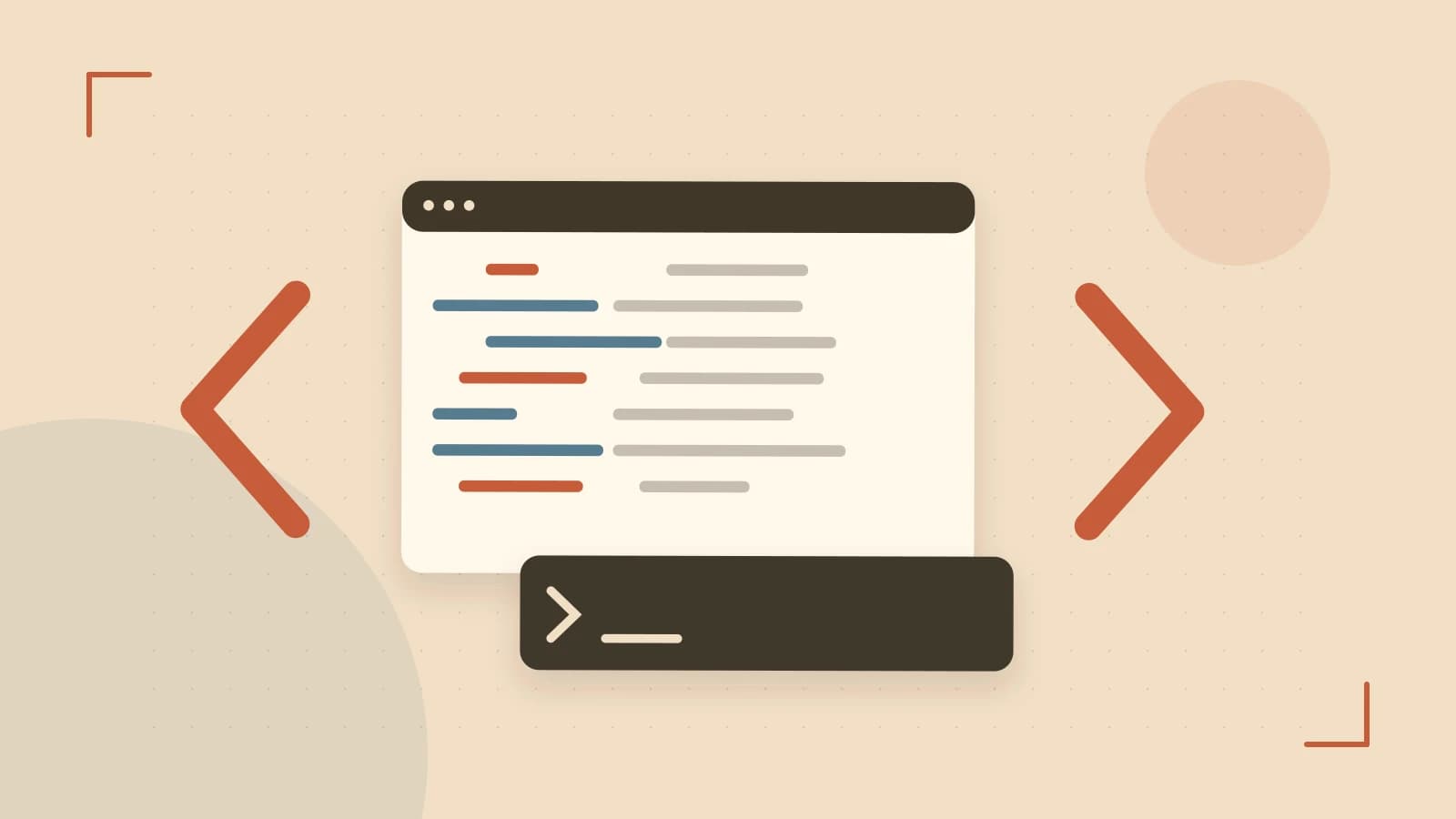 Editorial illustration of an abstract code editor, syntax blocks and oversized programming brackets