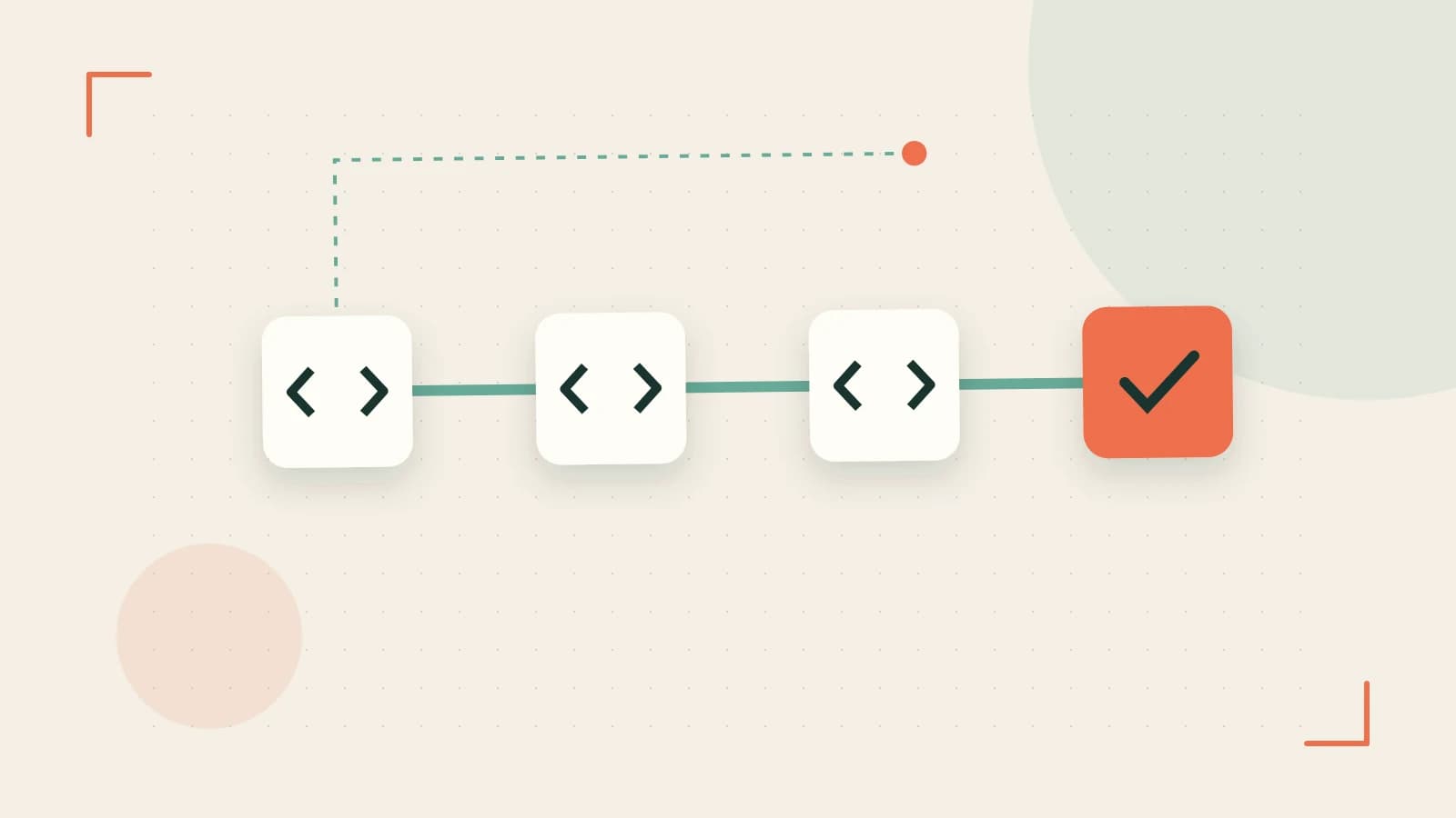 Editorial illustration of a branching build pipeline, staged transformations and a completed check