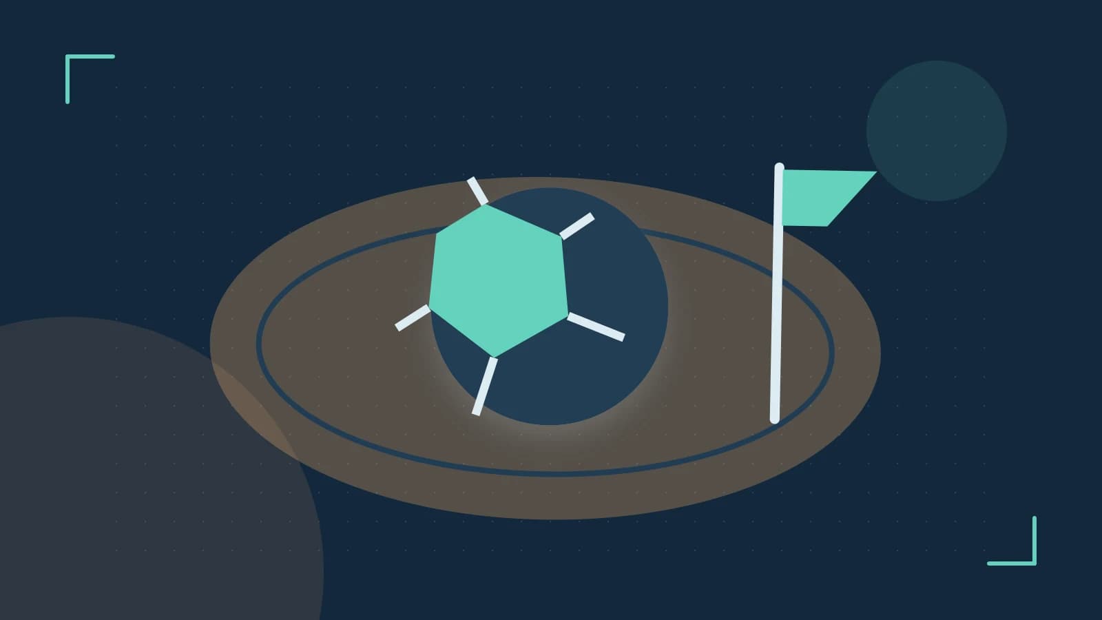 Editorial illustration of a stylized sports ball, stadium geometry and dynamic arcs