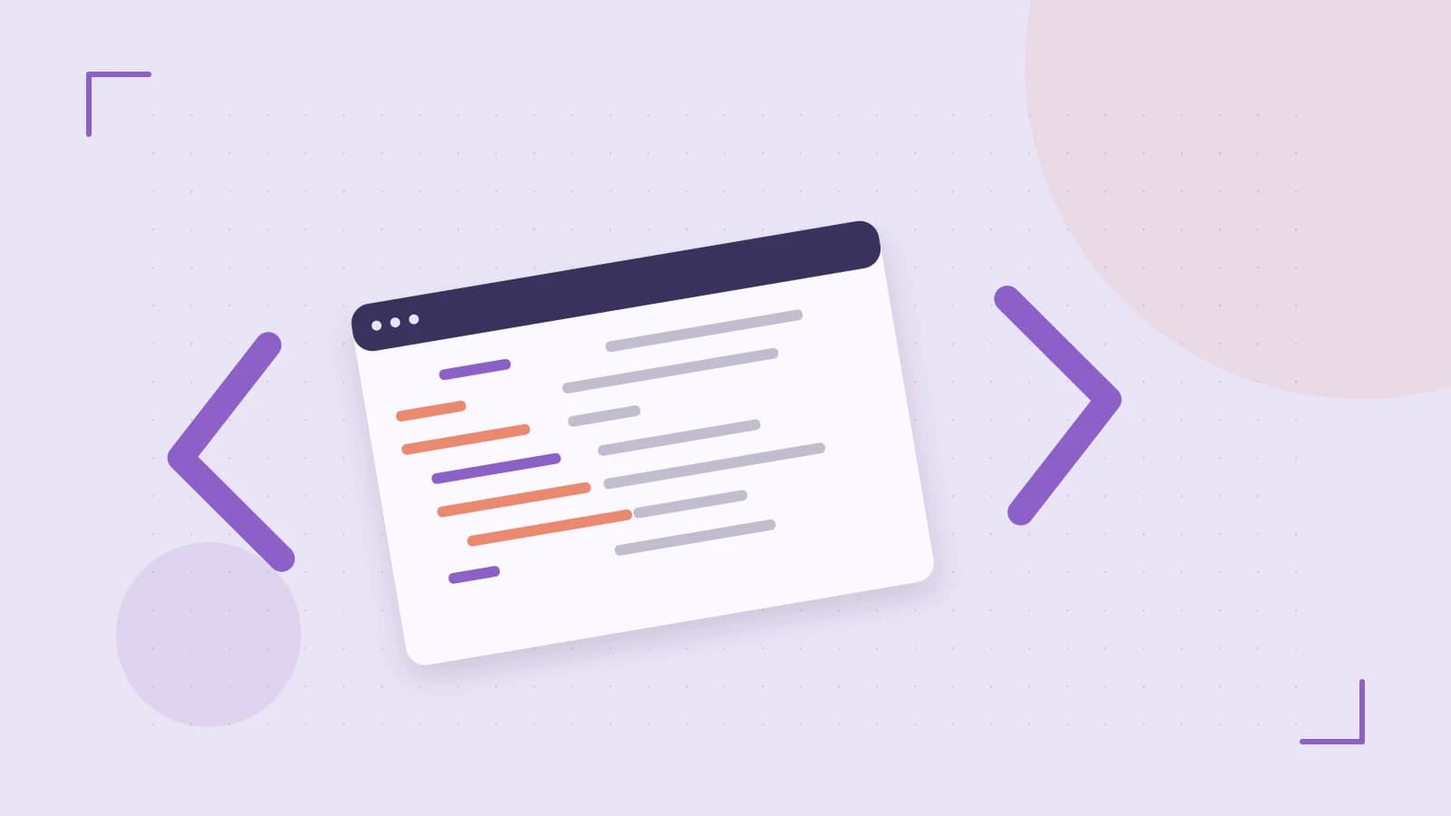 Editorial illustration of an abstract code editor, syntax blocks and oversized programming brackets