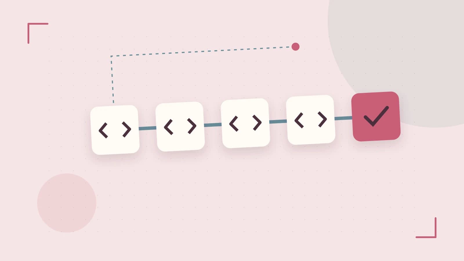 Editorial illustration of a branching build pipeline, staged transformations and a completed check