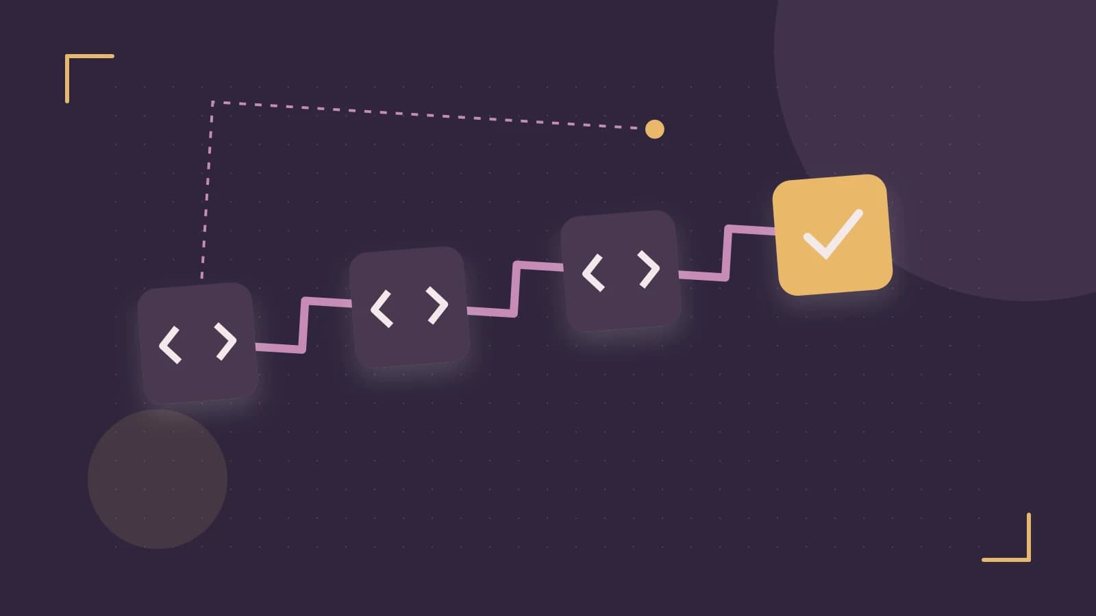 Editorial illustration of a branching build pipeline, staged transformations and a completed check
