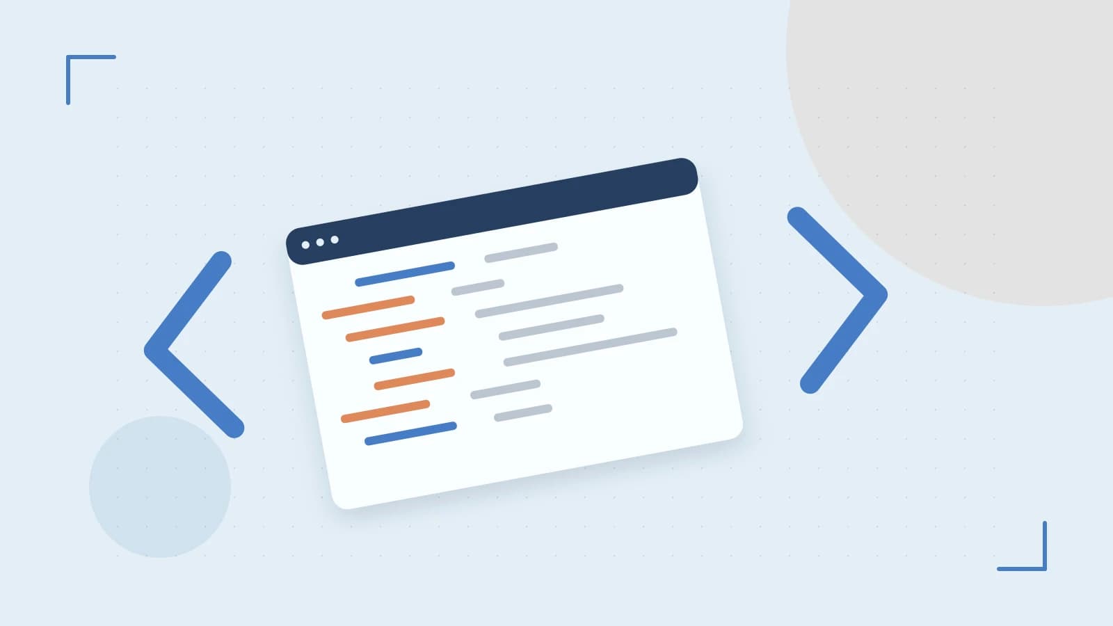Editorial illustration of an abstract code editor, syntax blocks and oversized programming brackets