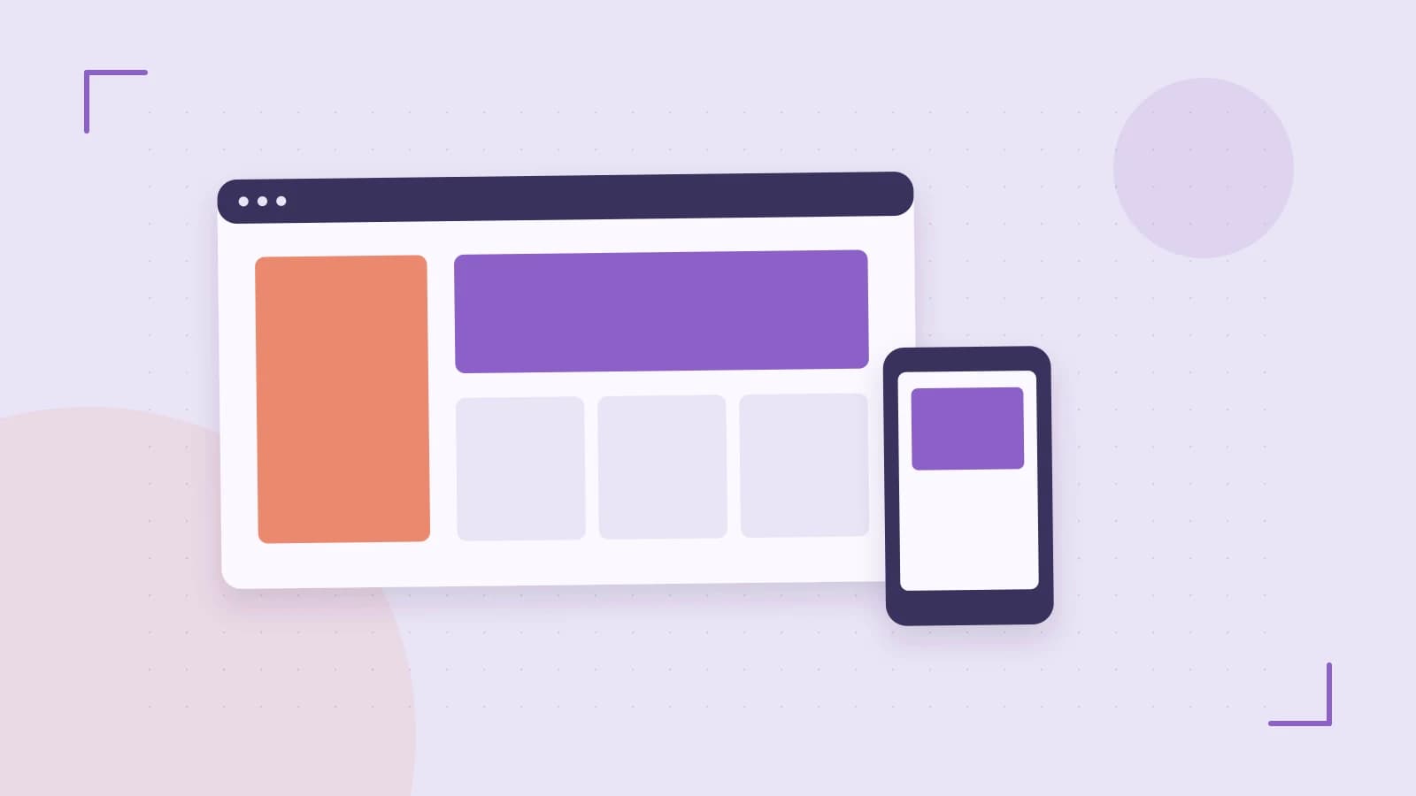 Editorial illustration of responsive browser layouts, overlapping design components and a color system