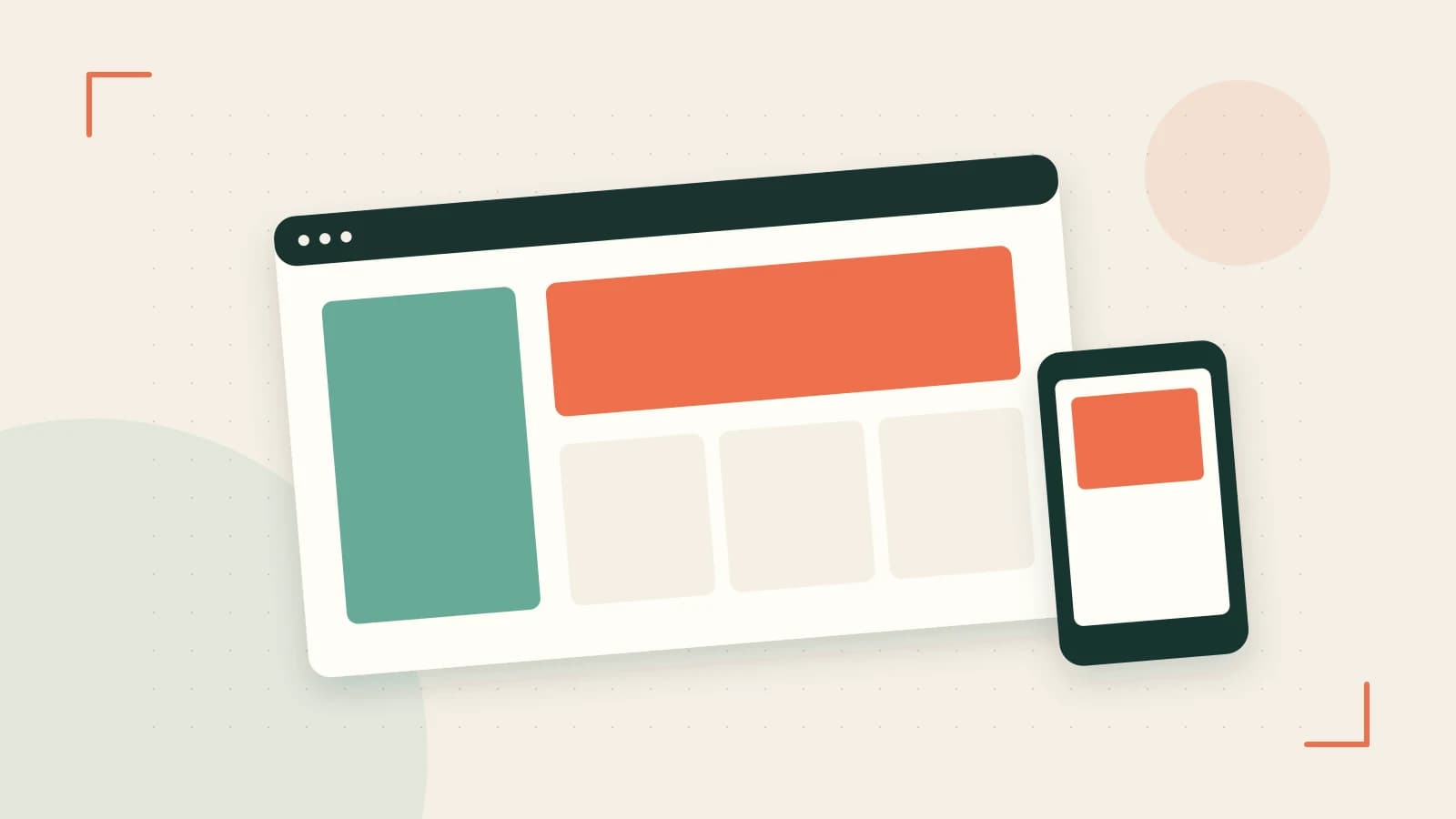 Editorial illustration of responsive browser layouts, overlapping design components and a color system