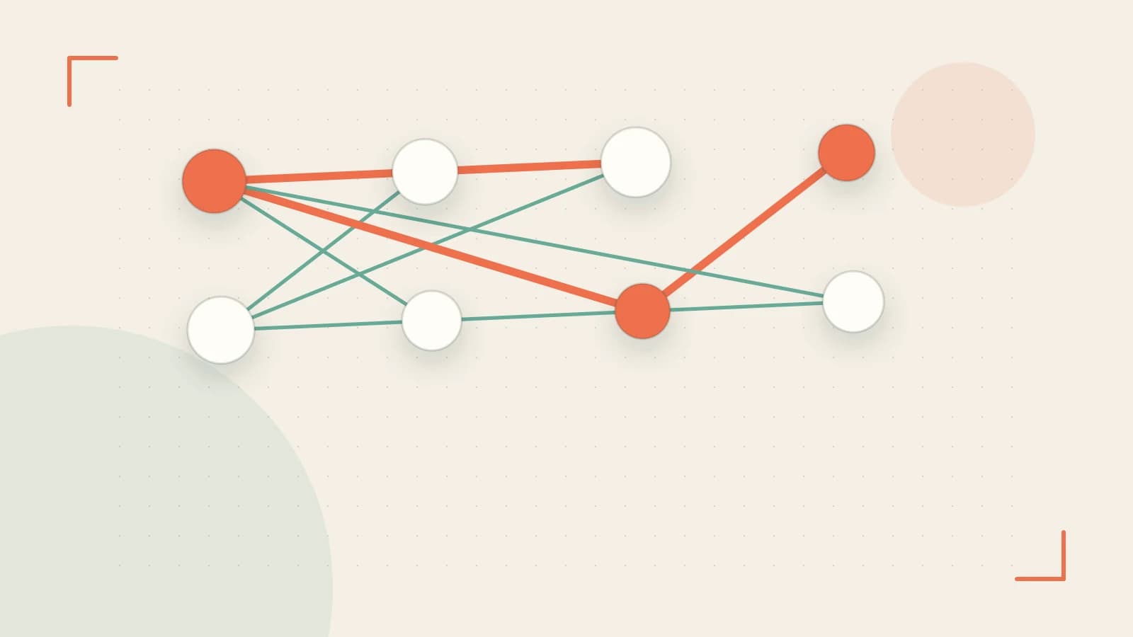Editorial illustration of an algorithmic node graph with branching paths and a highlighted result