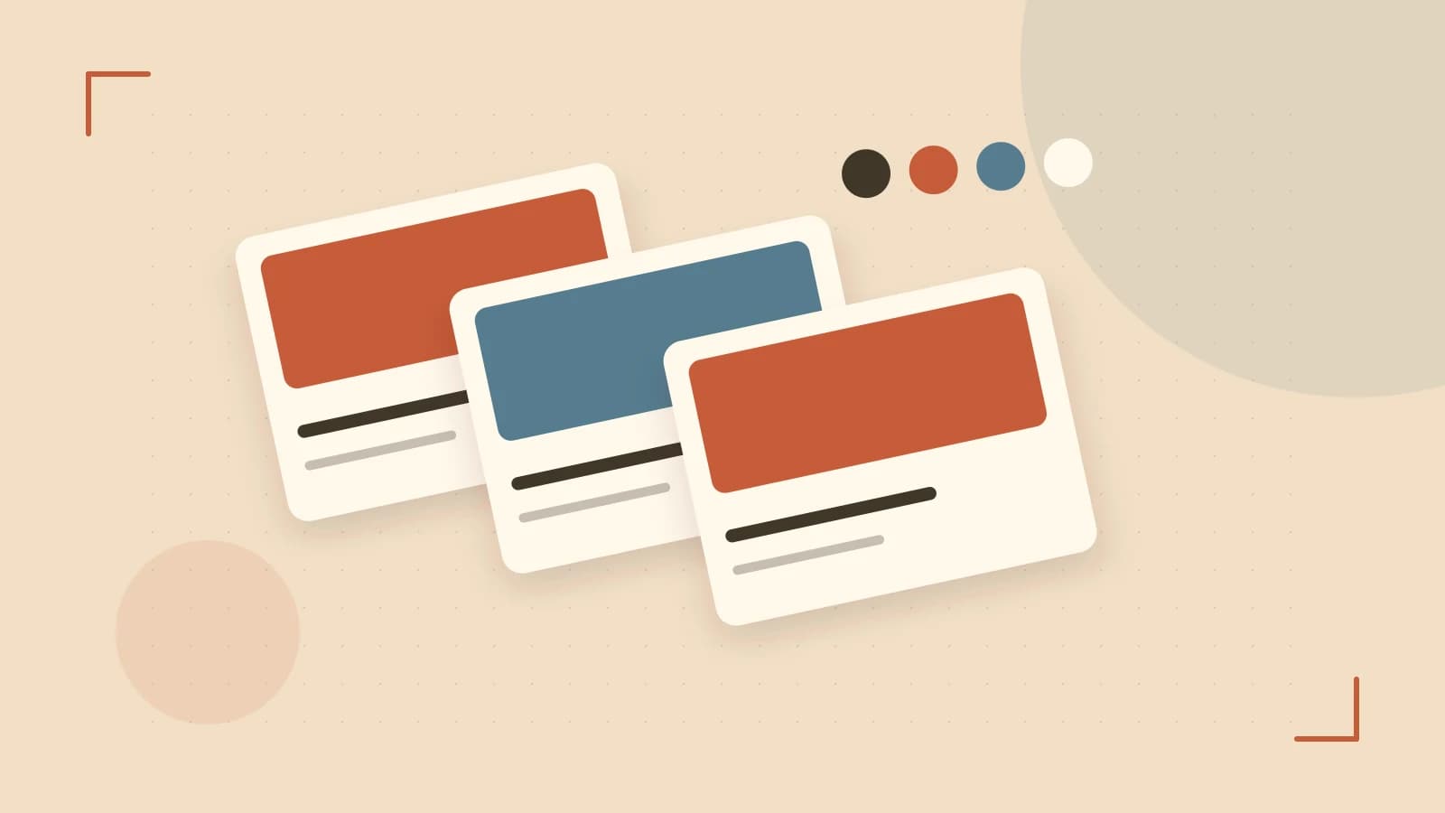Editorial illustration of responsive browser layouts, overlapping design components and a color system