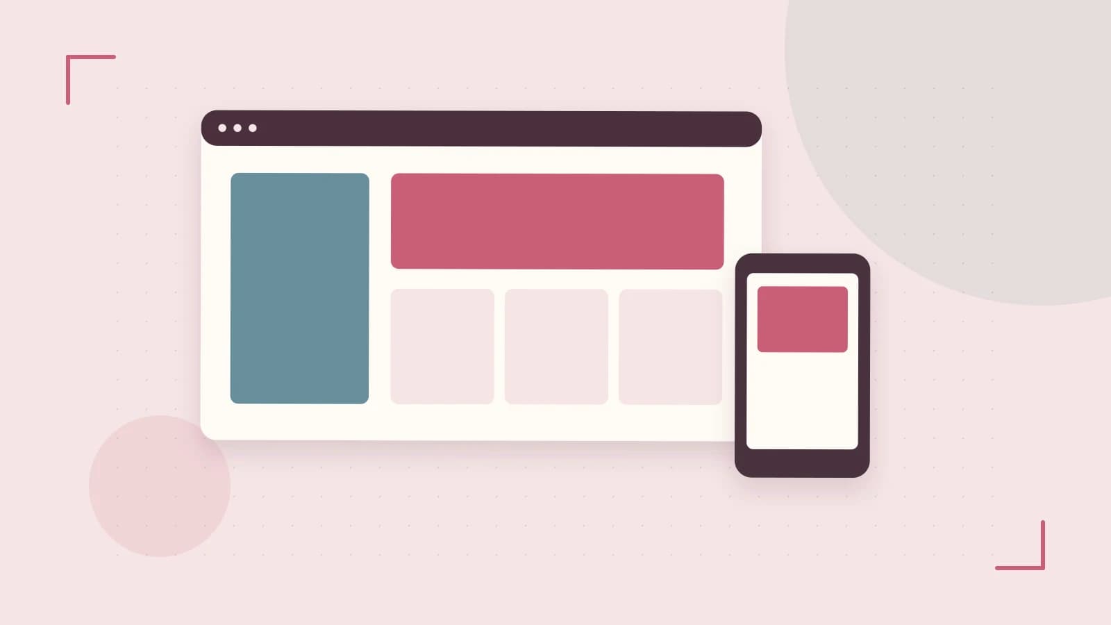 Editorial illustration of responsive browser layouts, overlapping design components and a color system