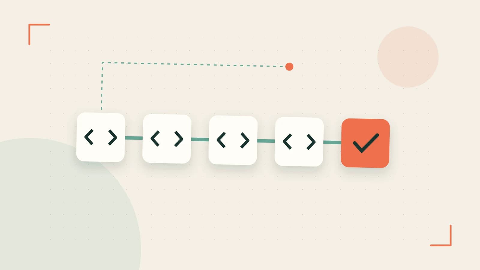 Editorial illustration of a branching build pipeline, staged transformations and a completed check
