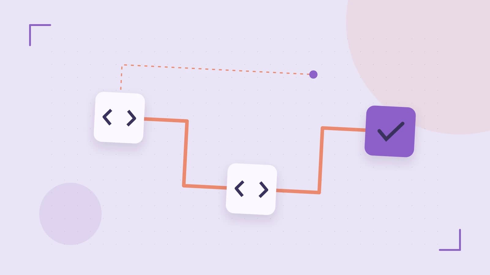 Editorial illustration of a branching build pipeline, staged transformations and a completed check