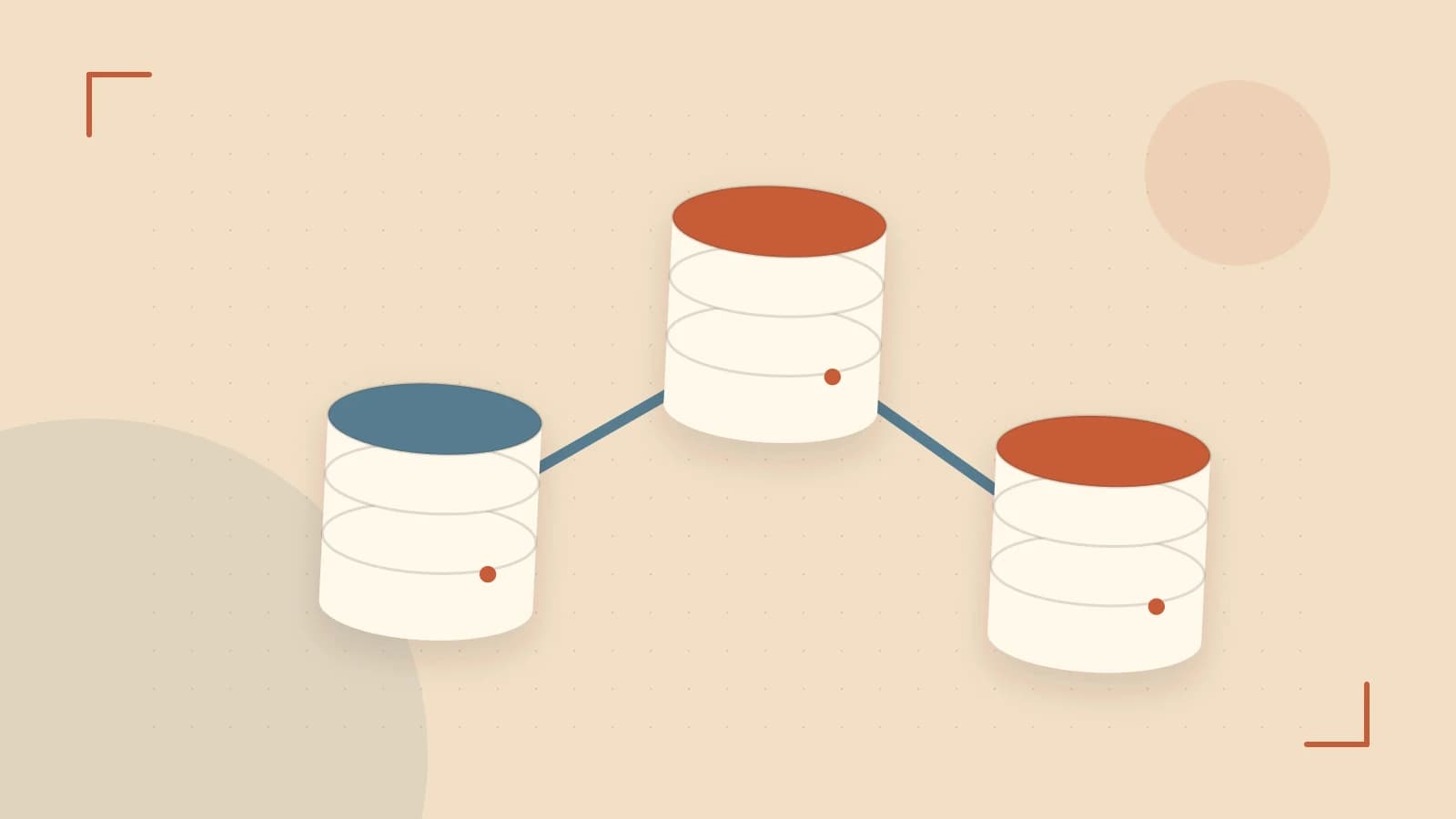 Editorial illustration of structured records, database cylinders and relationships between tables