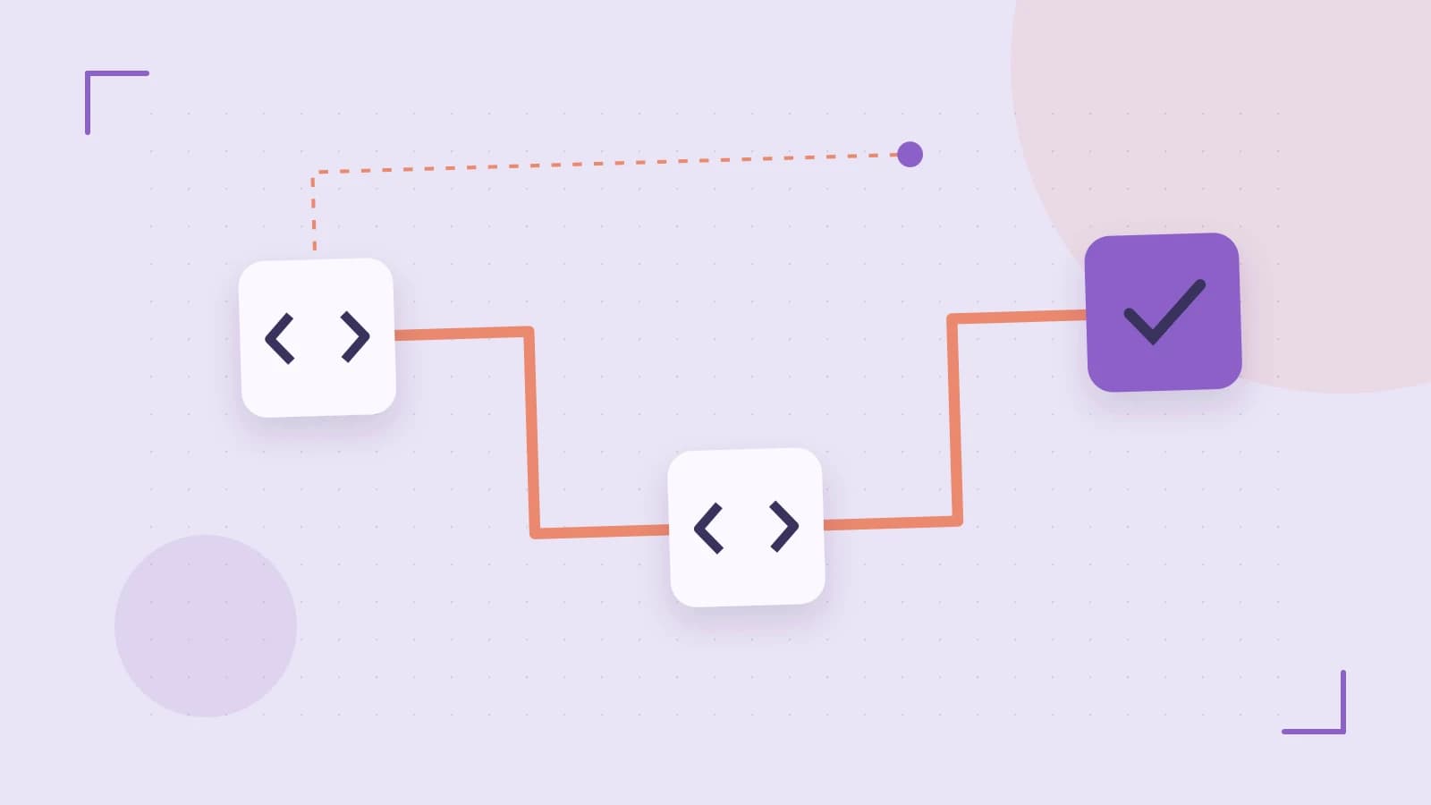 Editorial illustration of a branching build pipeline, staged transformations and a completed check