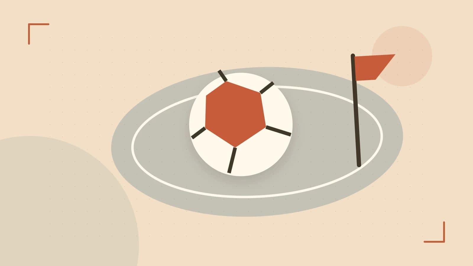Editorial illustration of a stylized sports ball, stadium geometry and dynamic arcs