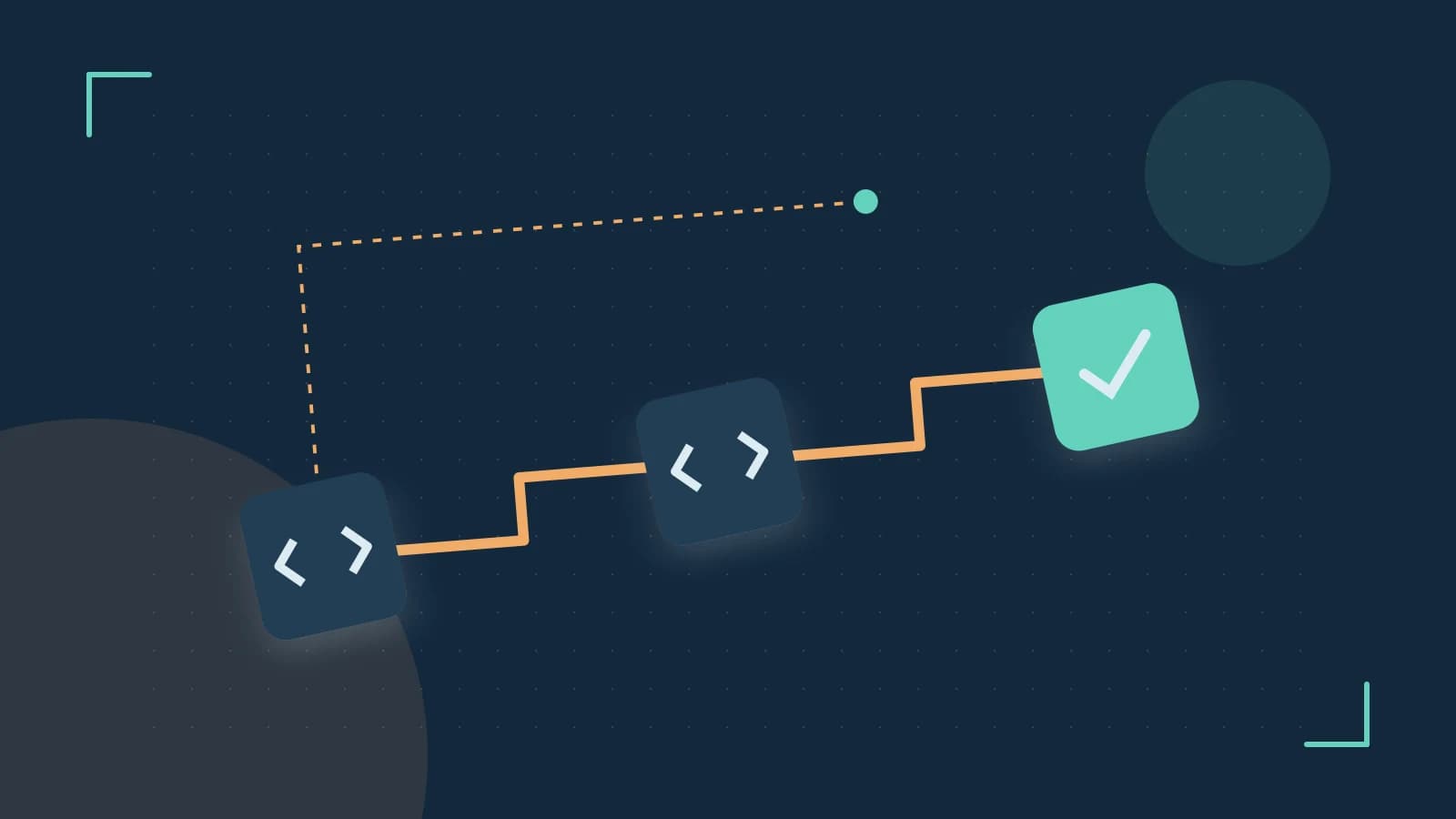 Editorial illustration of a branching build pipeline, staged transformations and a completed check