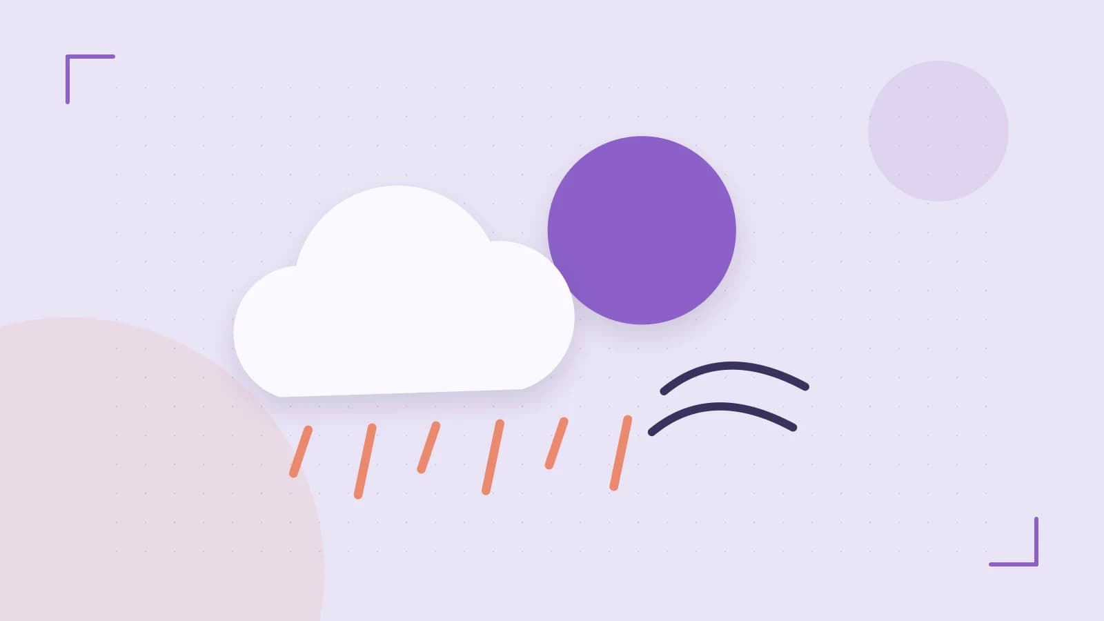 Editorial illustration of a sun, layered clouds, raindrops and flowing weather patterns