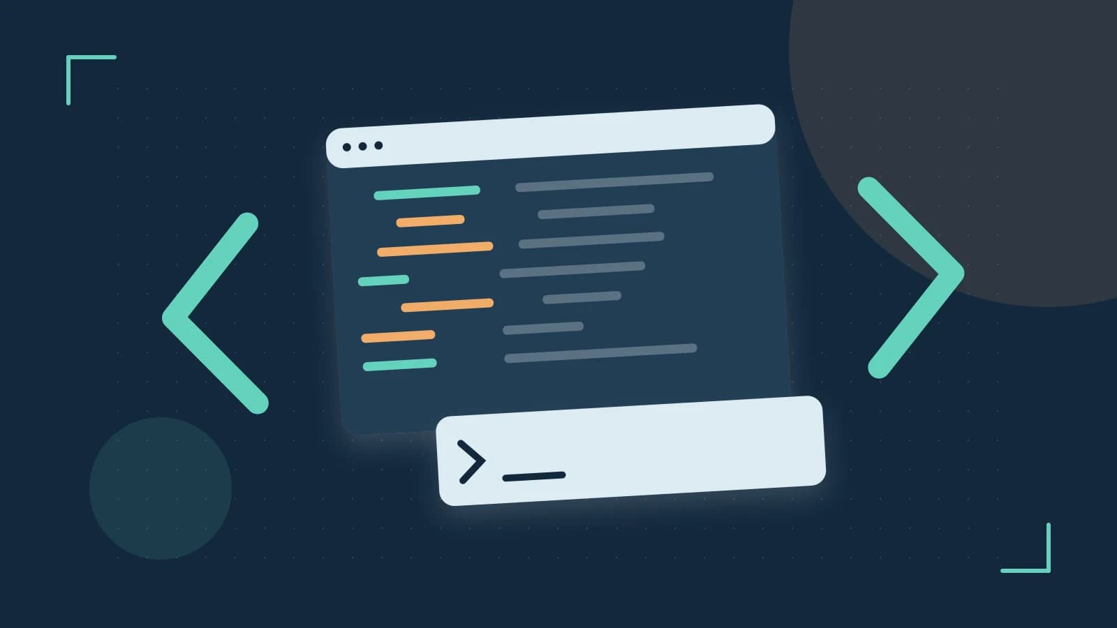 Editorial illustration of an abstract code editor, syntax blocks and oversized programming brackets