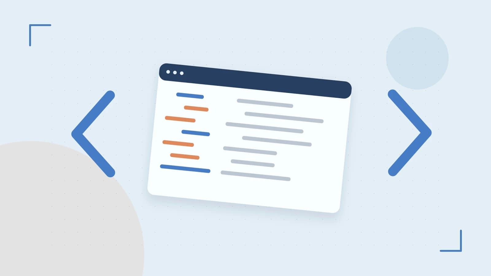Editorial illustration of an abstract code editor, syntax blocks and oversized programming brackets