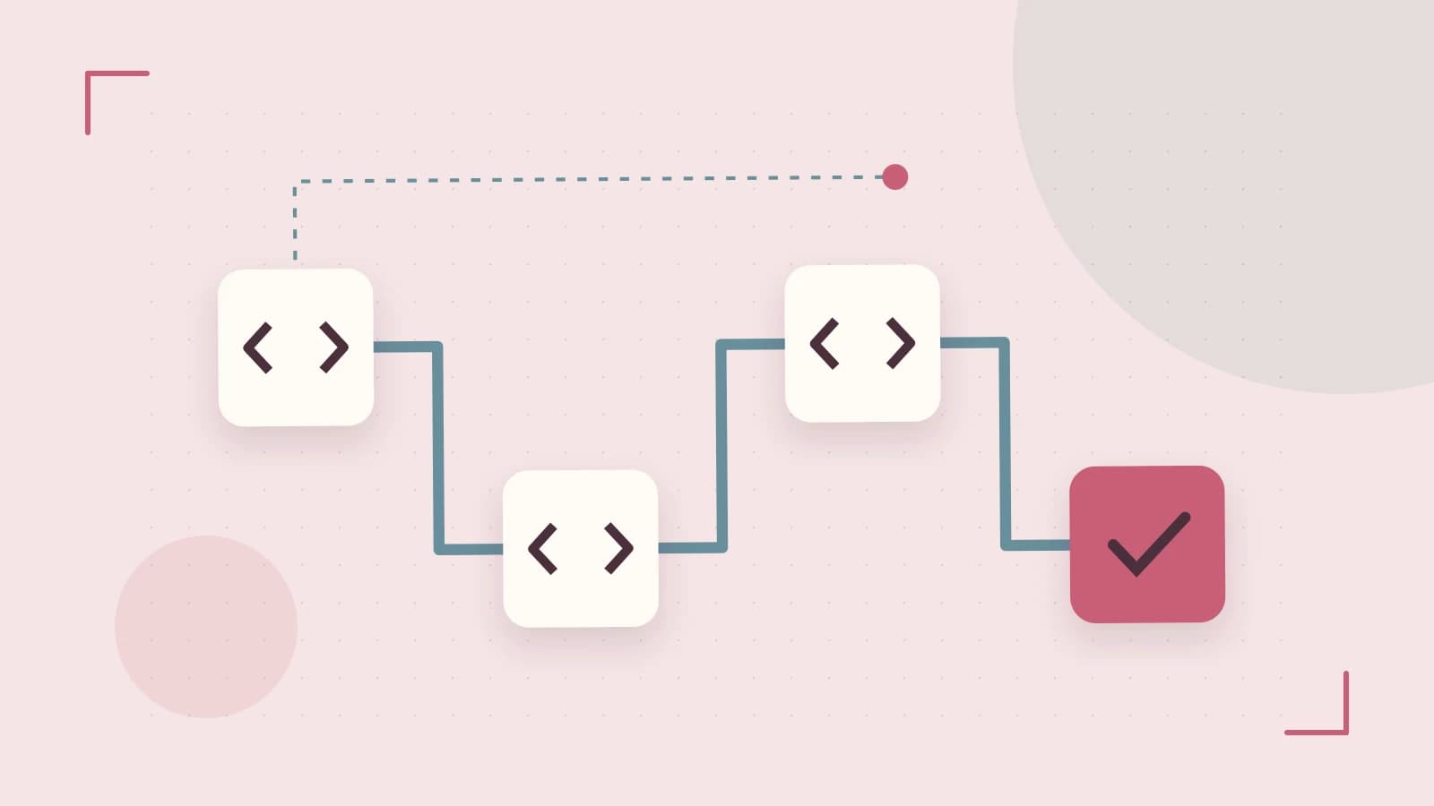 Editorial illustration of a branching build pipeline, staged transformations and a completed check