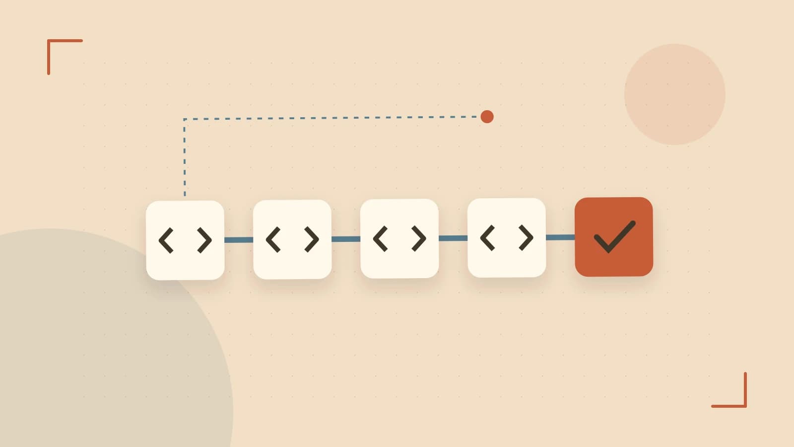 Editorial illustration of a branching build pipeline, staged transformations and a completed check