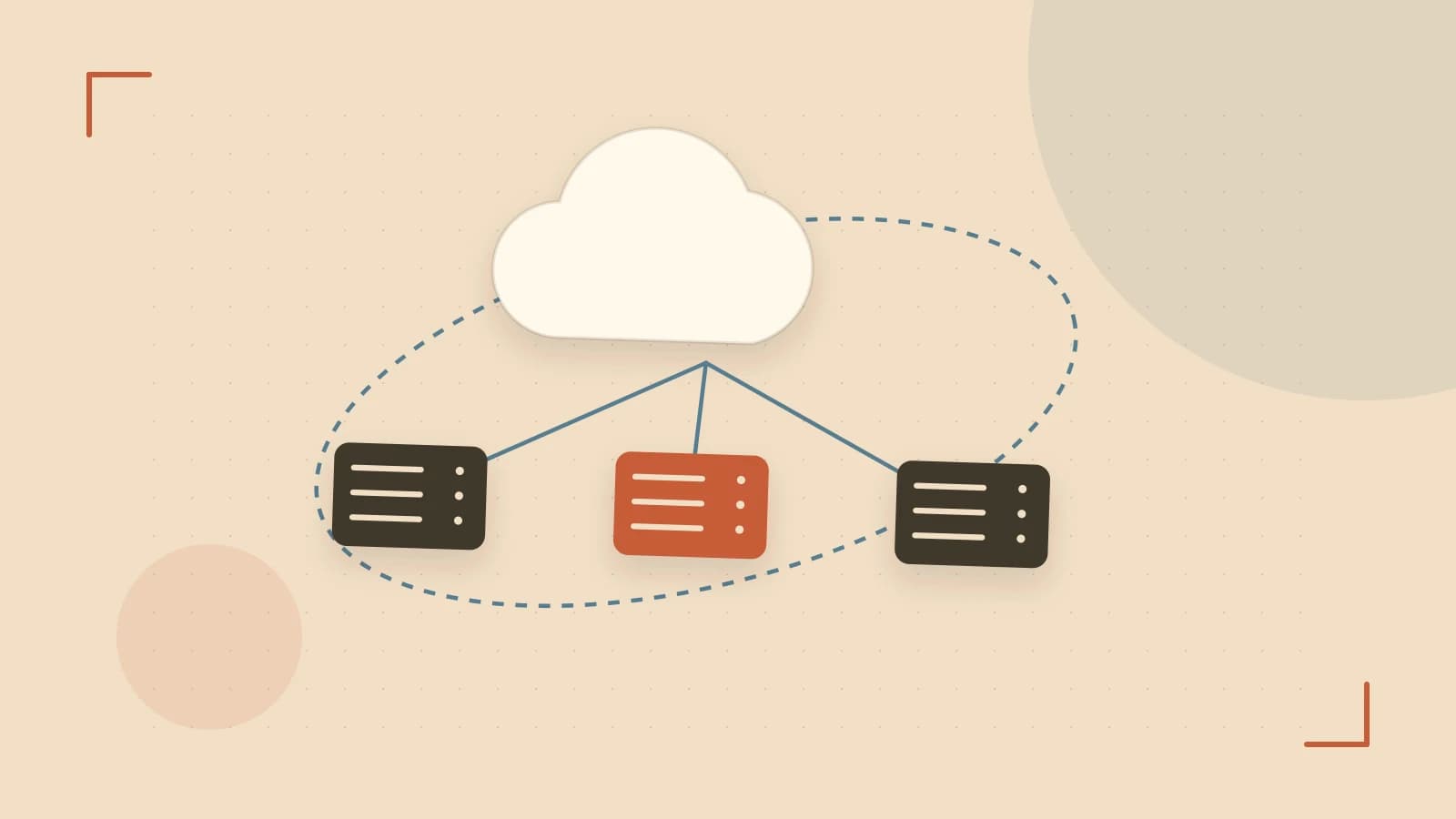 Editorial illustration of cloud infrastructure, connected server racks and an orbital service map