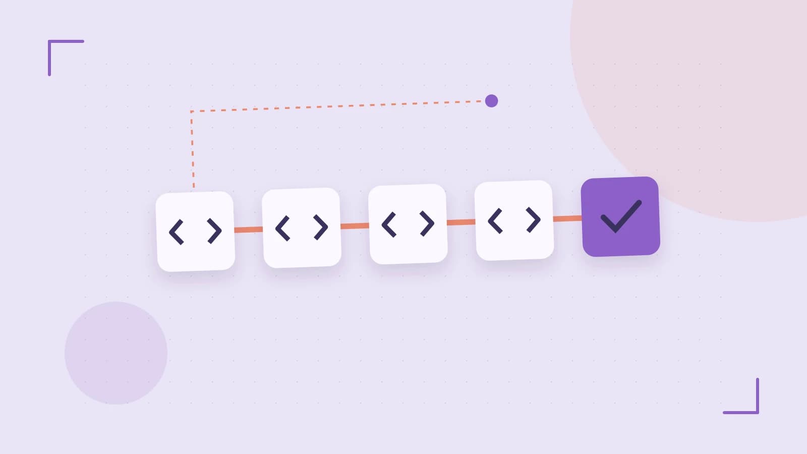 Editorial illustration of a branching build pipeline, staged transformations and a completed check