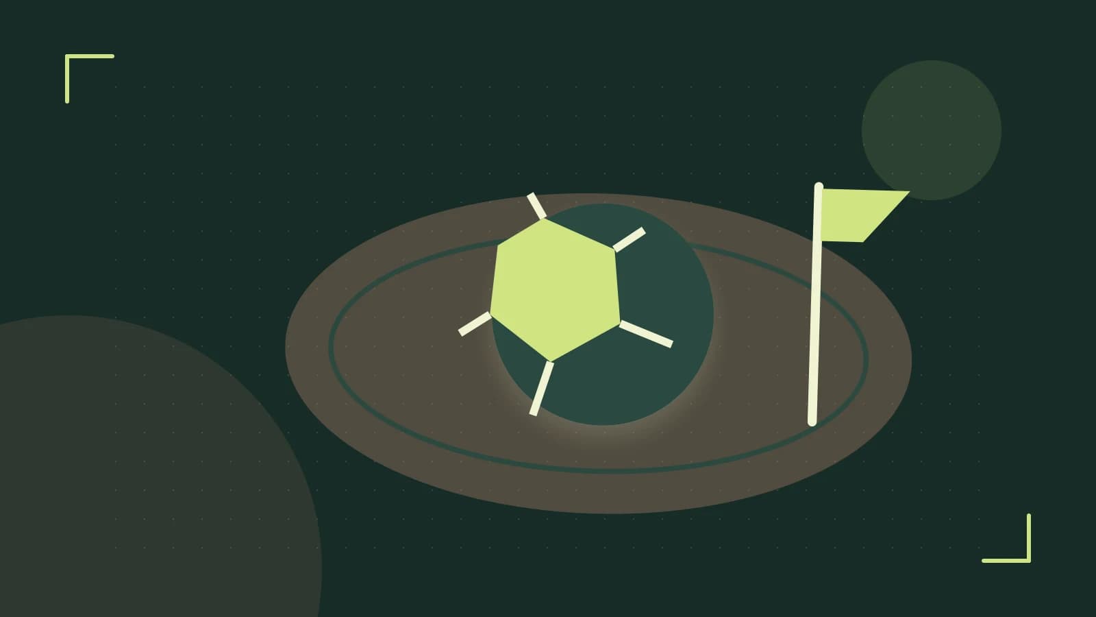 Editorial illustration of a stylized sports ball, stadium geometry and dynamic arcs