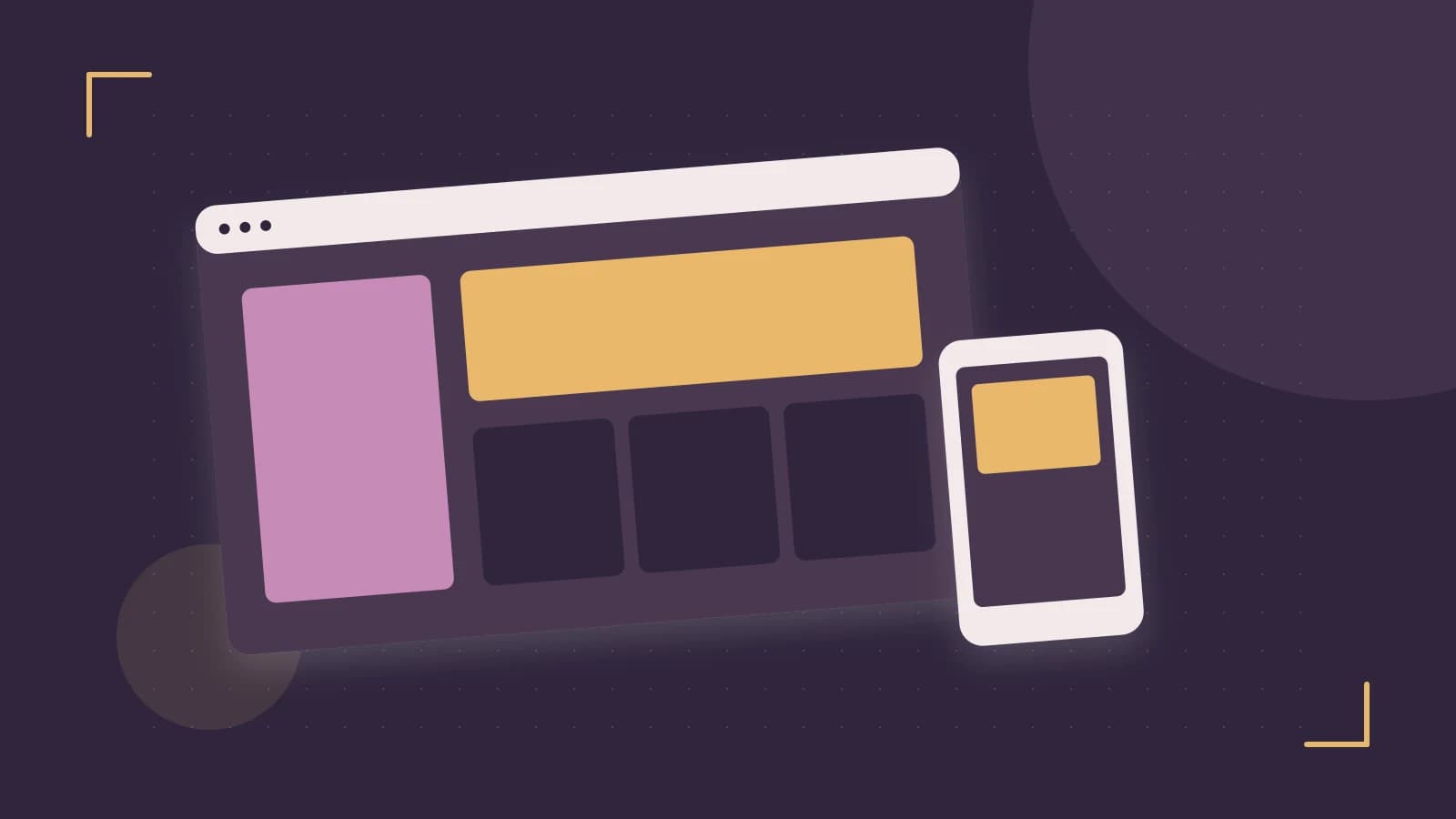 Editorial illustration of responsive browser layouts, overlapping design components and a color system